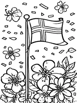 Norsk flagg på flaggstang med blomster - fargeleggingsark for barn