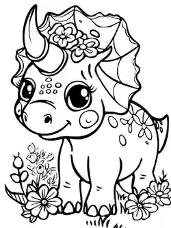 Triceratops med blomster - fargeleggingsark for barn