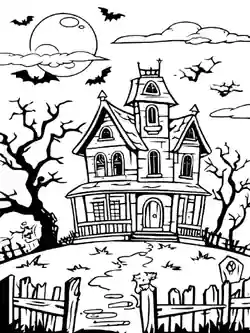 Skummelt Halloweenhus - fargeleggingsark for barn