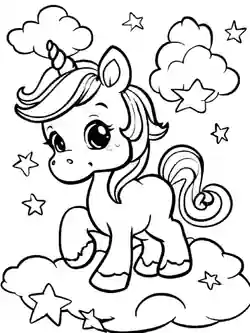 Søt enhjørning på sky - fargeleggingsark for barn