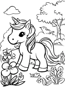Enhjørning i skogen - fargeleggingsark for barn