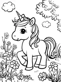 Enhjørning med blomster - fargeleggingsark for barn