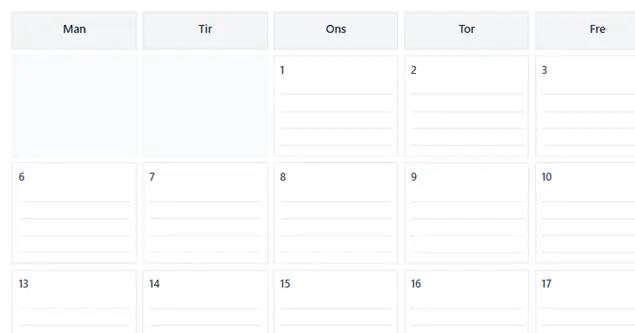 Forhåndsvisning av månedsoversikt kalender med ukedager og datoer
