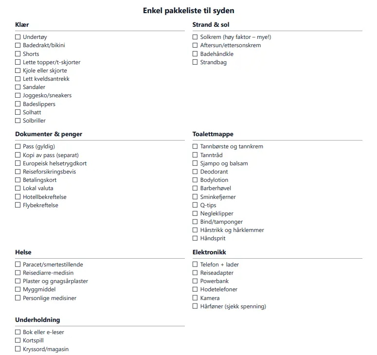 Forhåndsvisning av pakkeliste Syden