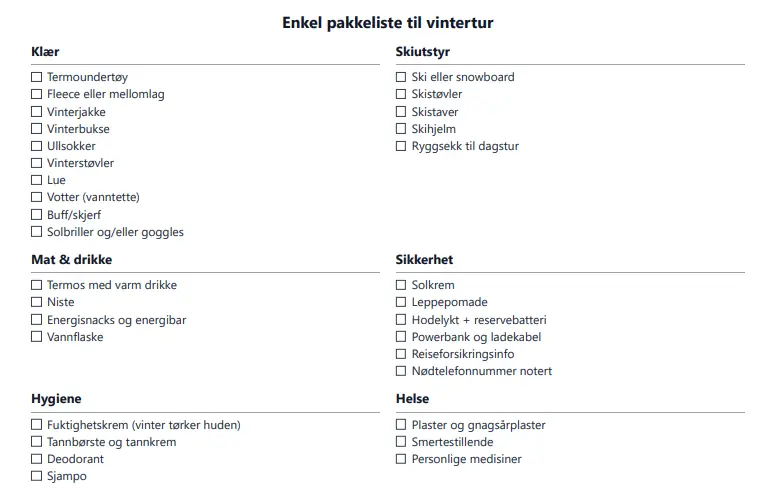 Forhåndsvisning av pakkeliste Vintertur