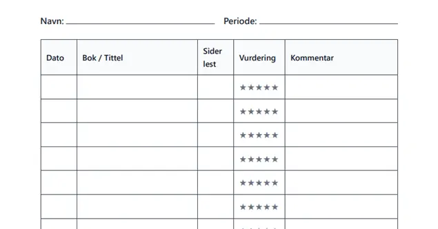 Gratis leselogg - mal for å logge bøker og sider lest