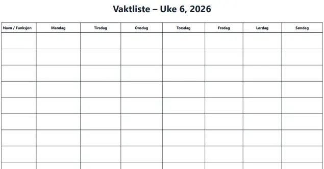 Forhåndsvisning av vaktliste og turnusplan mal