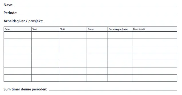 Gratis timeliste-mal med tabell for dato, start, slutt, pause og timer