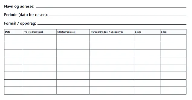 Gratis reiseregning-mal med tabell for utgiftsposter og signatur