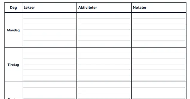 Forhåndsvisning av vertikal ukeplan med kolonner for lekser, aktiviteter og notater