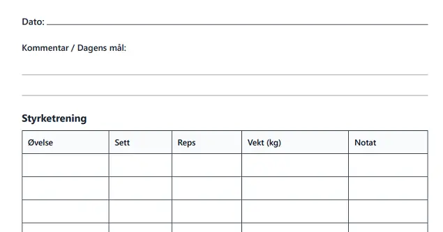 Gratis treningsdagbok - mal for styrke og kondisjon