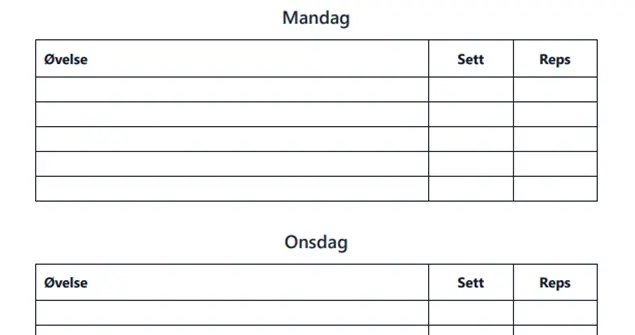 Gratis treningsplan for styrketrening - mal med øvelser, sett og repetisjoner